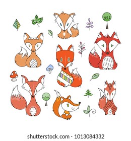 Set of cute doodle foxes in simple flat style. Isolated vector scandinavian illustrations collection