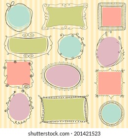 Set of cute doodle frames on striped background. Each frame is on a separate layer.