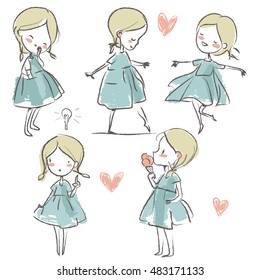 set with cute doodle girl