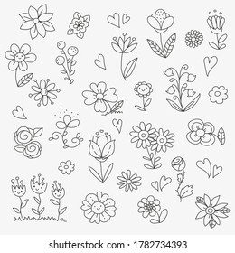 Montaje de lindas flores aisladas dibujadas a mano de doodle. Colección de esbozo de línea floral
