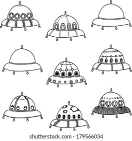 set of cute doodle hand drawn ufo shapes, black outlines, coloring book shapes, isolated elements for childish design