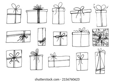 Juego de lindas cajas de regalo de vectores negros dibujadas a mano de doodle para la decoración navideña y de cumpleaños. Esbozo divertido presente regalos para el diseño de impresión, pegatinas, patrones, decoración de tarjetas de felicitación