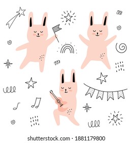 Set with cute Doodle hares, funny rabbits. 