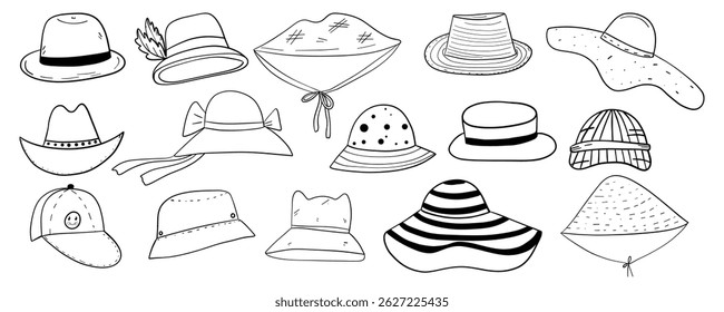 Set of cute doodle hats in playful linear style, hand-drawn isolated design elements, perfect for summer fashion projects, clothing and accessory branding