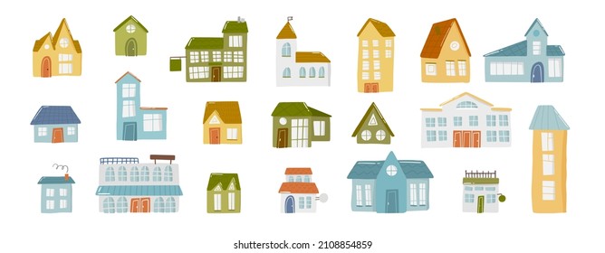Set of cute doodle house in hand drawn style, design children nursery, room, clothes, map and textile cartoon vector illustration, isolated on white. Colorful sketch childhood home residential area.