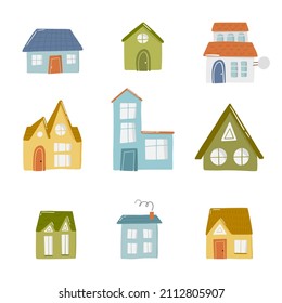 Set of cute doodle house in hand drawn style, design children nursery, room, clothes, map and textile cartoon vector illustration, isolated on white. Colorful sketch childhood home residential area.