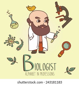 set of cute doodle icons and old man - biologist, vector illustration