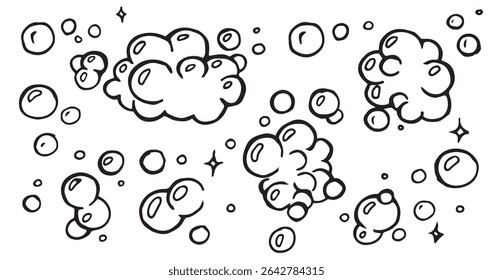set of cute doodle illustrations of foam, soap bubbles.	
