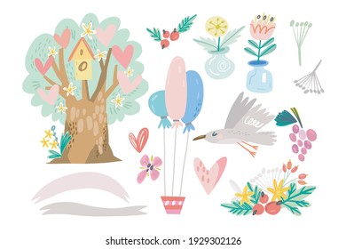 A Set of Cute Doodle images for a party. Celebration set with vector images in a cute style of: Family tree, floral vases, seagull, florals, berries, batons and hearts.