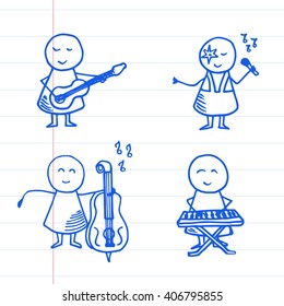 Set of cute doodle kids playing different musical instruments. Vector Illustration on striped paper.