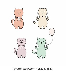 A set of cute Doodle kittens isolated on a white background. Cat, Cat and kitten. Cat and kitten, vector flat cartoon Doodle illustration for baby, children. Collection of kittens for cover design