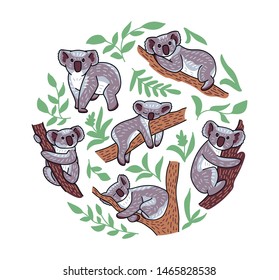 3D Printed T-Shirts Cute Koala in Different Poses Climbing On Tree Laying Branch