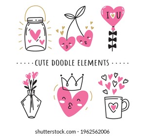 Set of cute doodle love elements. Simple images for decorating.