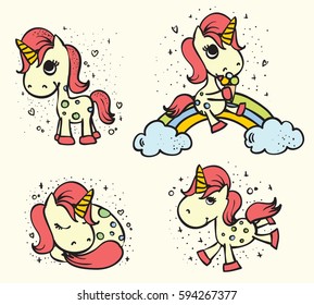 Set of cute doodle magic unicorns