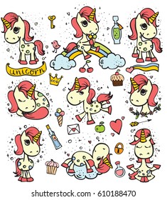 Set of  cute doodle magic unicorns and magic things for kid's greeting card design, t-shirt print, inspiration poster.