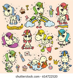 Set of cute doodle magic unicorns and magic things for kid's greeting card design, t-shirt print, inspiration poster.