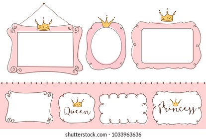 Set of cute doodle mirrors. Princess vector element of design. Pink frames with crown, tiara. Sketch hand drawn. Child's picture. Invitation birthday template. Baby shower girl card. Decorative border