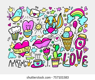 set of cute doodle modern elements - ice cream, rainbow, tea, skunk, bird, heart and star in bright colors, vector illustration collection 