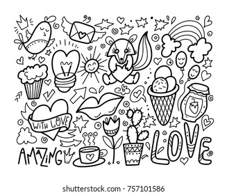 set of cute doodle modern elements - ice cream, rainbow, tea, skunk, bird, heart and star in black and white colors, vector illustration collection 