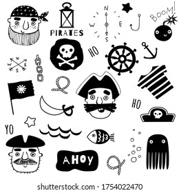Set of cute doodle nautical and piratical black elements