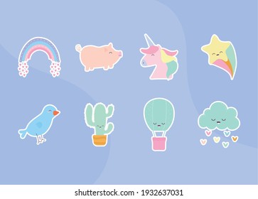 set of cute doodle on a light purple background vector illustration design