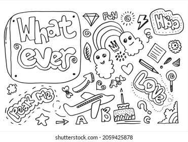 Set of cute doodle on white background.kids doodle.vector illustration.