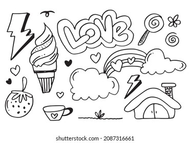 Set von süßer Doodle auf weißem Hintergrund.kids doodle.Vektorgrafik.