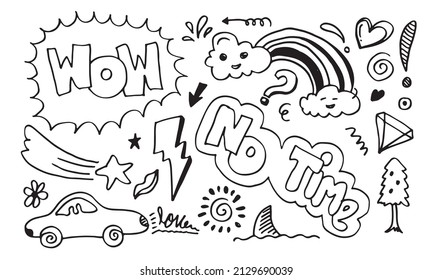 Conjunto de doodle lindo sobre fondo blanco. Dibujo de niños doodle.vector.