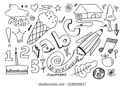 Set of cute doodle on white background.kids doodle.vector illustration.