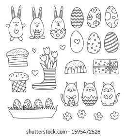 Set of cute doodle outline Easter icons isolated on white background.
