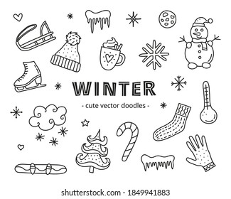 Set of cute doodle outline winter icons including sled, cap, icicle, hot chocolate cup, snowflakes, snowman, cookie, thermometer, glove, sock, candy cane, fir tree, cloud, skateboard, skate.