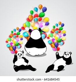 Set of cute doodle pandas with balloons