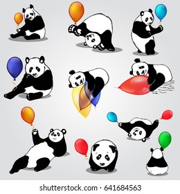 Set of cute doodle pandas with balloons