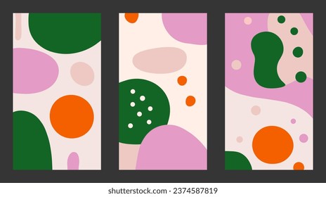 Set cute doodle pattern backgrounds with abstract shapes. Collection vertical abstract templates for social media story. Retro groovy style vector covers