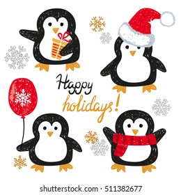 Set of cute doodle penguins. Merry Christmas greetings. Vector holiday characters. 