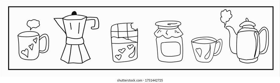 A set of cute Doodle pictures about tea and coffee. A coffee pot, a teapot, two mugs, a chocolate bar, a jar of jam. Isolated images on a white background.