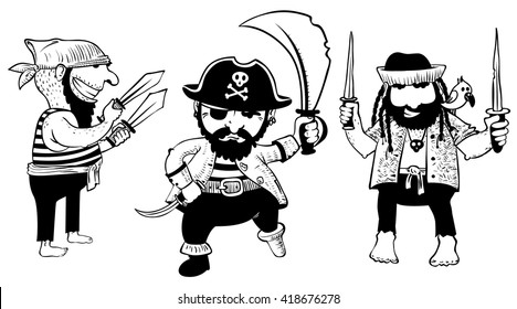 Set with cute doodle pirates with weapon