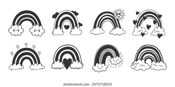 Set of cute doodle rainbow characters with clouds and hearts. Icons, hand drawn illustrations.