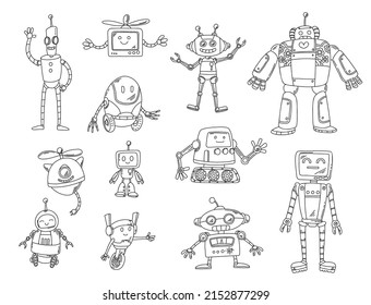 Set of cute doodle robots. Funny cartoon characters for children.