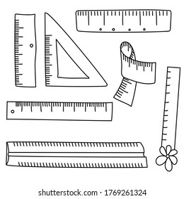 Set of cute doodle rulers, outline vector illustration for design and creativity
