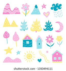 Set of cute doodle scandinavian icons isolated on white background.