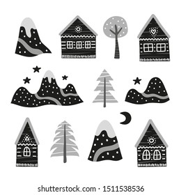 Set of cute doodle scandinavian icons isolated on white background. Nordic folk art.