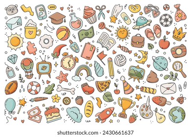 Set of cute doodle sketch drawing elements for kids