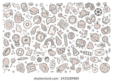 Set of cute doodle sketch drawing elements for kids