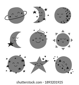 Set of cute doodle smile celestial characters including sun, moon, planet, star in Scandinavian style isolated on white background.