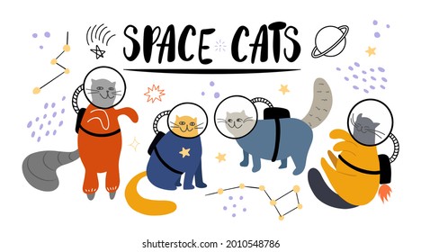 Set of cute doodle space cats in astronaut suits with star constellations, Saturn and other decorative elements