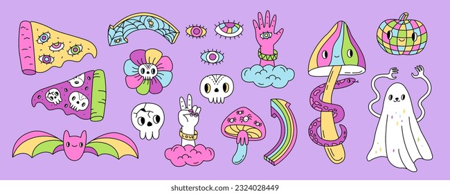 Set cute doodle spooky monsters. Halloween trendy characters.