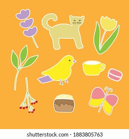 A set of cute doodle stickers, vector illustration, sprig of lavender, the cat, tulip, branch with berries, cup, cake, macaron, leafy branch, bird and butterfly, hand drawing, colored
