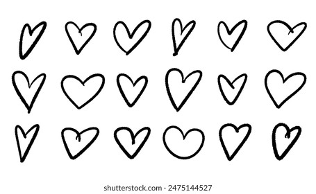 Set of cute doodle style drawn hearts isolated on white background. Line style design elements.