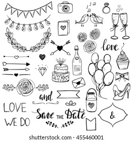 Set Of Cute Doodle Style Wedding Elements